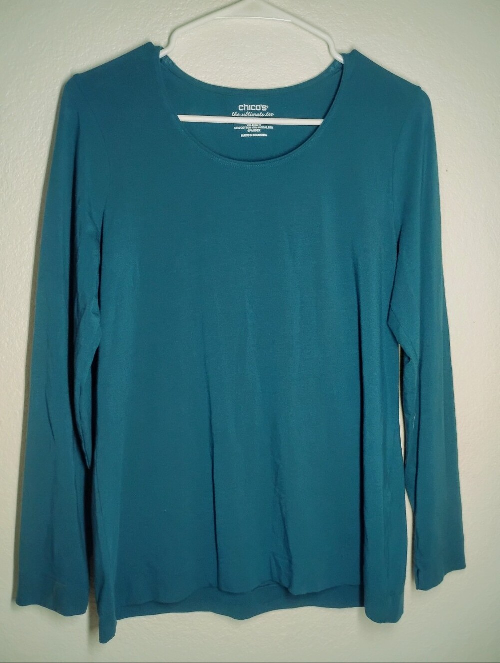Chico's Ultimate Tee Long Sleeve Women's Shirt Teal 45% Cotton